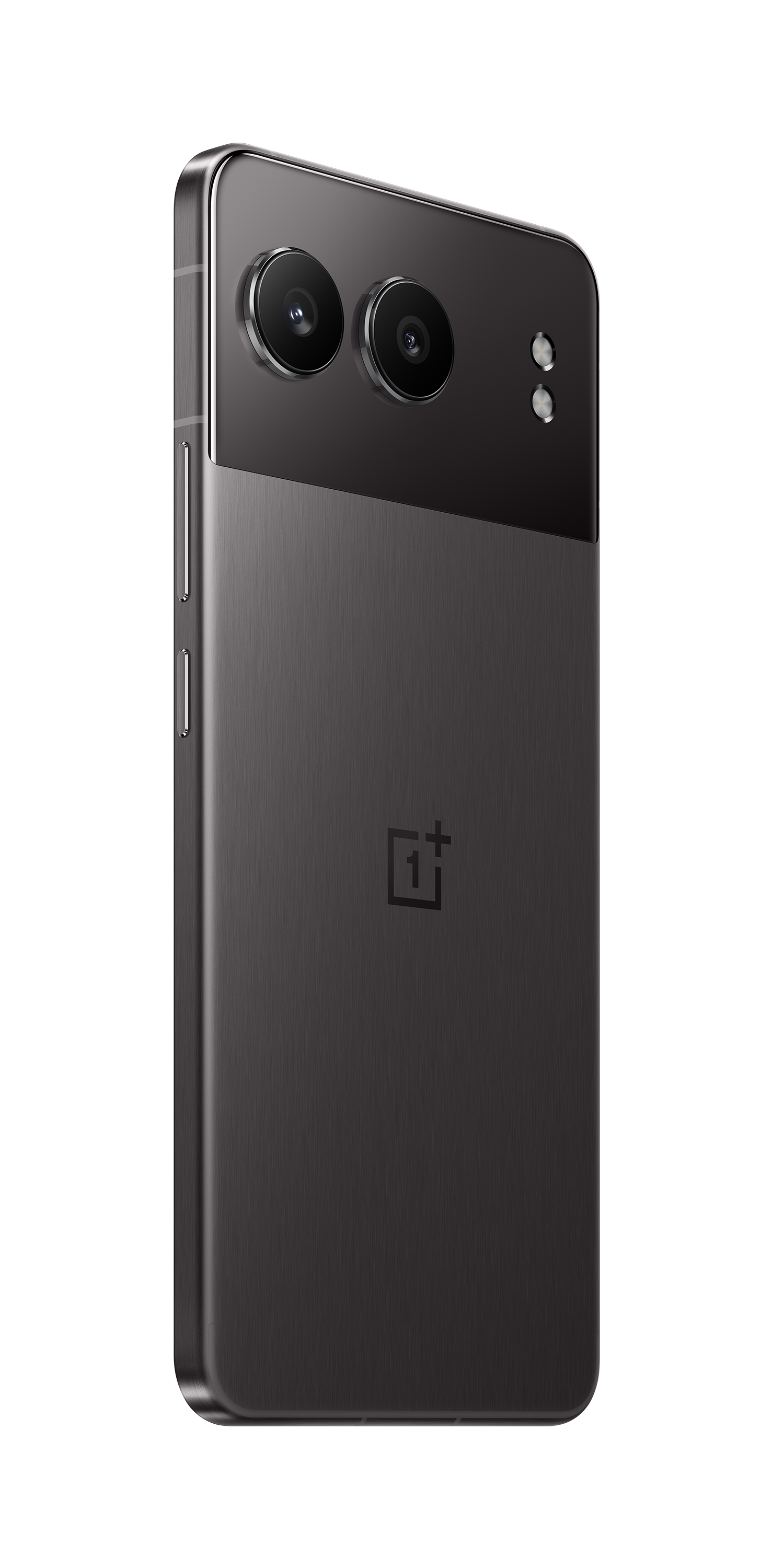 A black smartphone with dual cameras and a OnePlus logo on a black background.