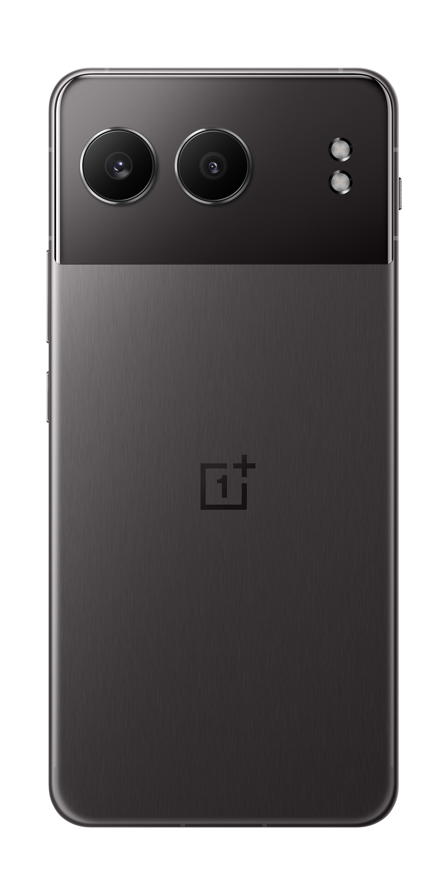 The back of a gray smartphone is displayed, featuring two cameras and the OnePlus logo.