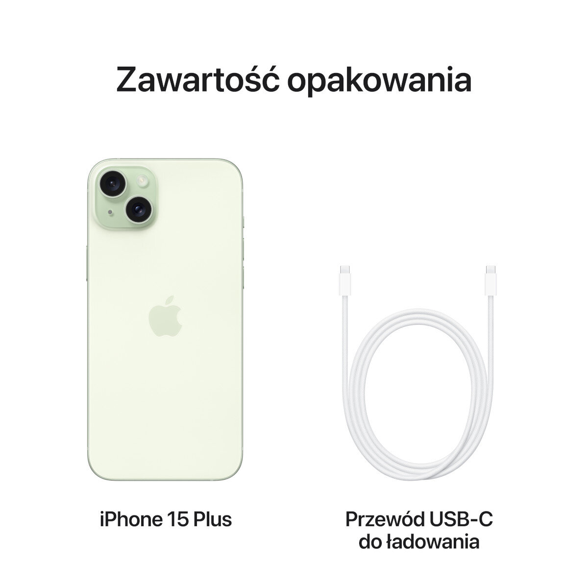 Ein iPhone 15 Plus und ein weißes USB-C-Ladekabel auf weißem Hintergrund, Text auf Polnisch.