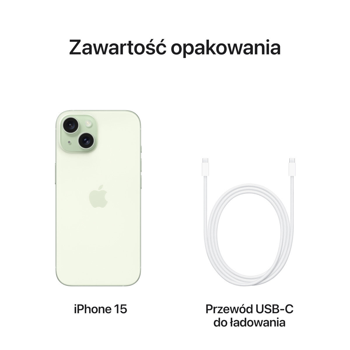 Obraz przedstawia jasnozielony iPhone 15 i biały kabel ładujący USB-C na białym tle.