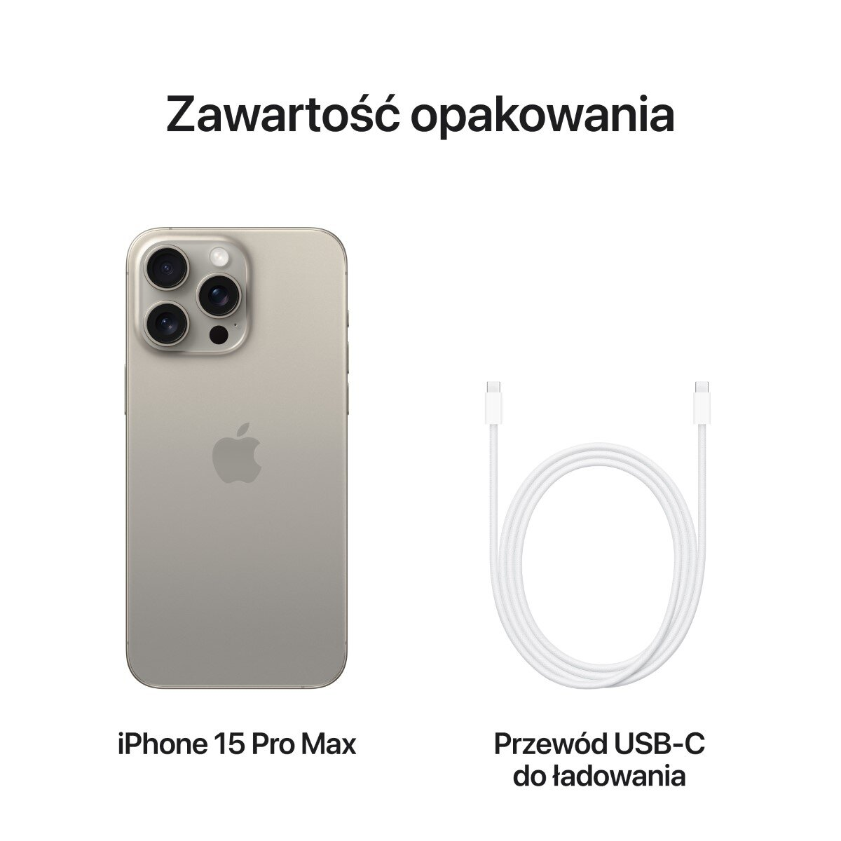 L'immagine mostra un iPhone 15 Pro Max oro chiaro e un cavo di ricarica USB-C bianco su uno sfondo bianco.
