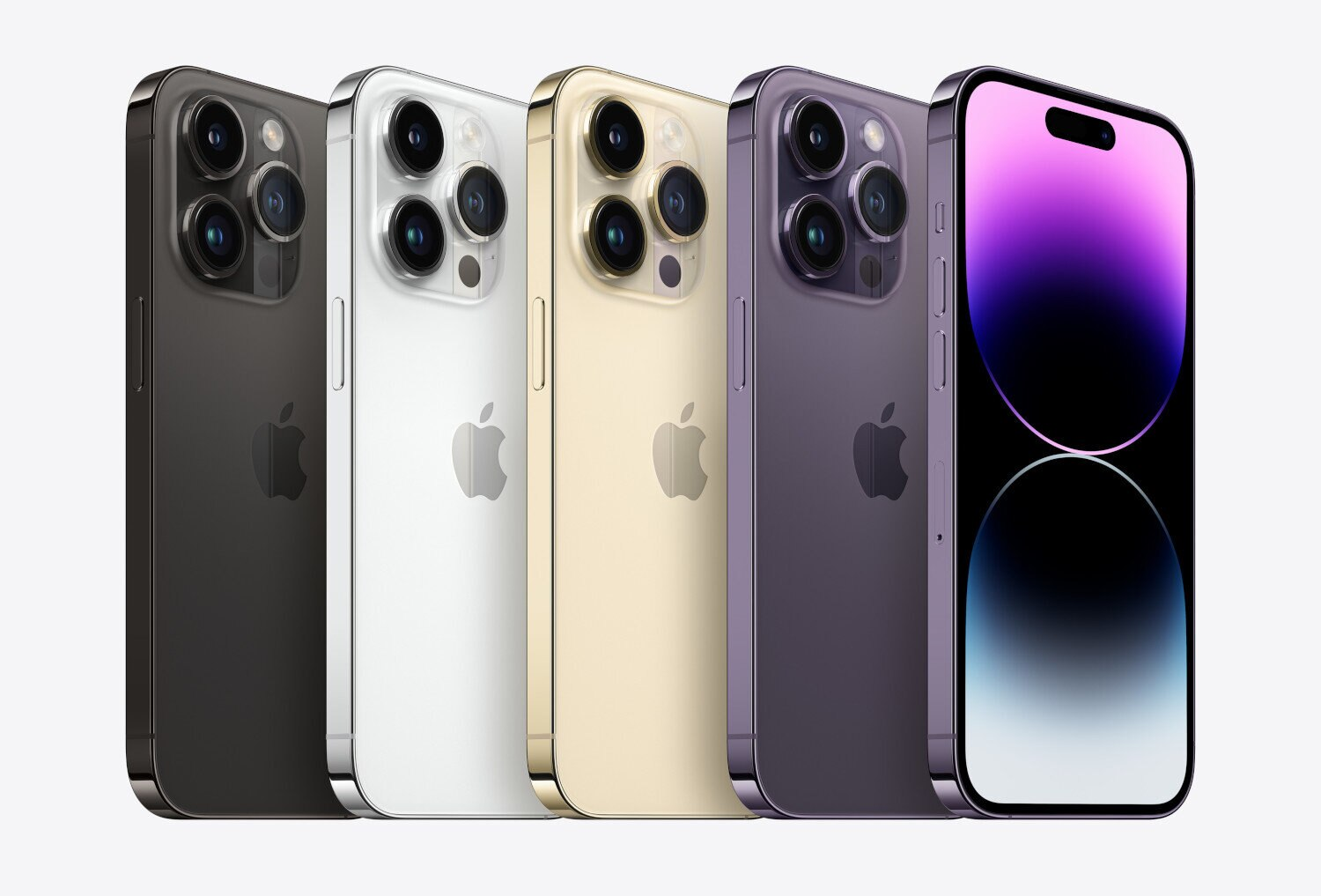 Pięć iPhone'ów w różnych kolorach, pokazujących tył z aparatami, na białym tle.
