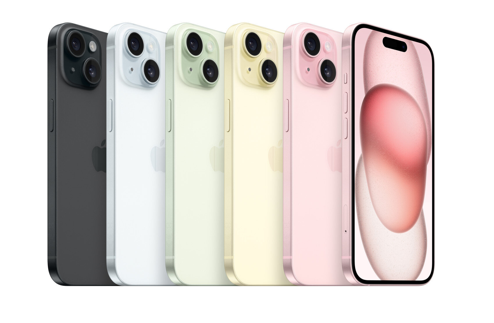 Sześć iPhone'ów 14 w różnych kolorach wyświetlanych w rzędzie.