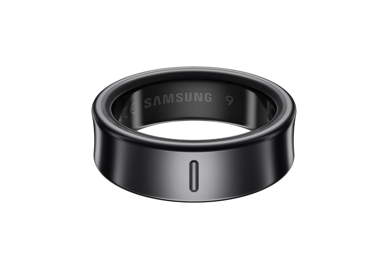 Ein schwarzer Samsung Galaxy Ring mit Samsung-Logo und kleiner Vertiefung.