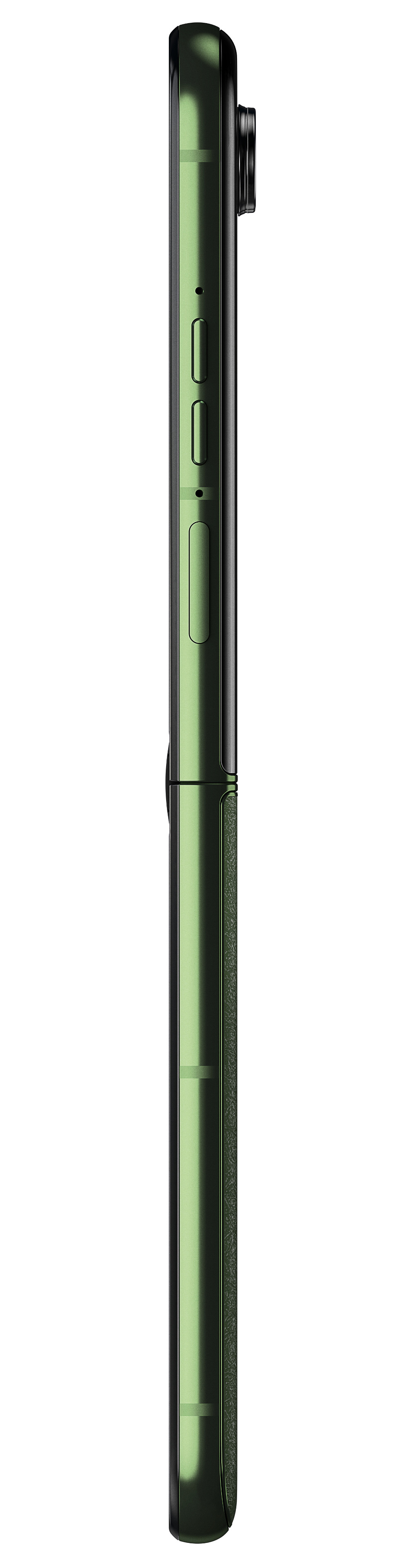 Widok z boku zielonego telefonu, pokazujący przycisk zasilania, przyciski głośności i krawędź telefonu.