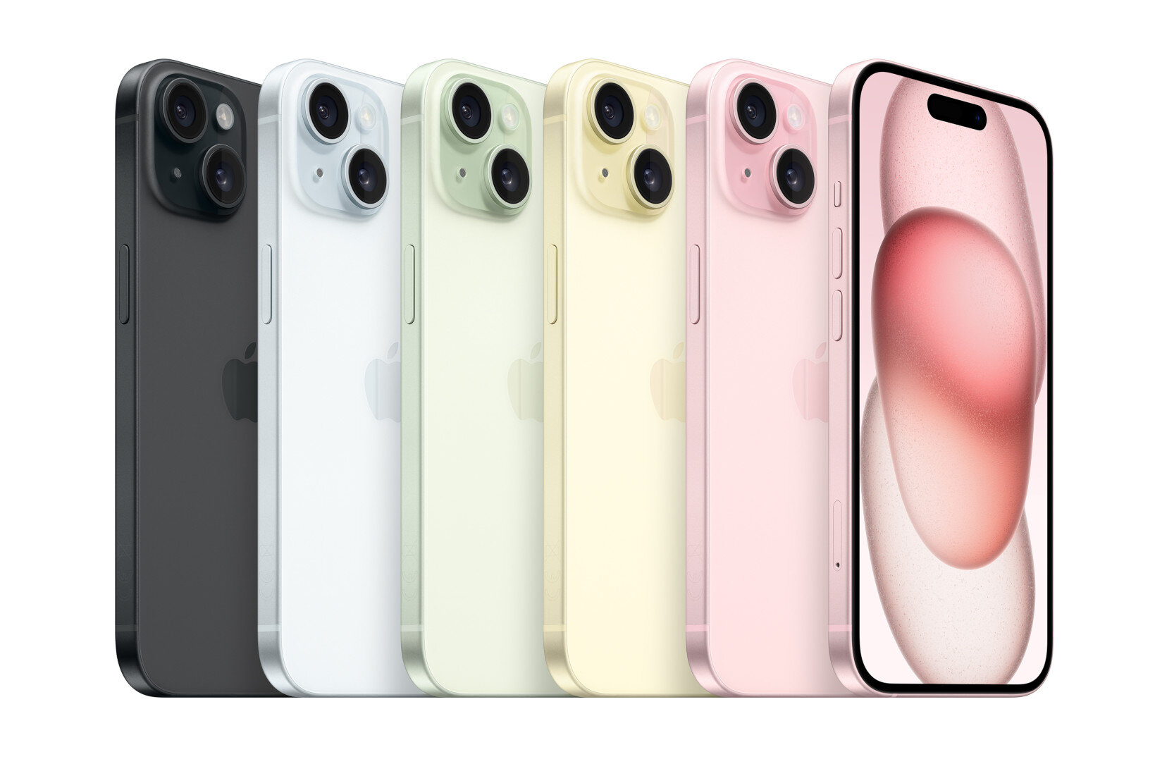 Sei iPhone in fila, in diversi colori. Da sinistra: nero, argento, bianco, verde, giallo e rosa.