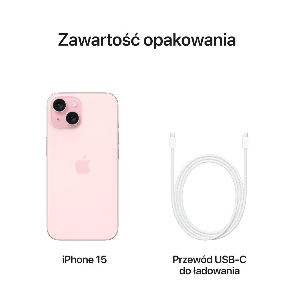 Różowy iPhone 15 i kabel USB-C na białym tle. Tekst: iPhone 15, Przewód USB-C do ładowania.