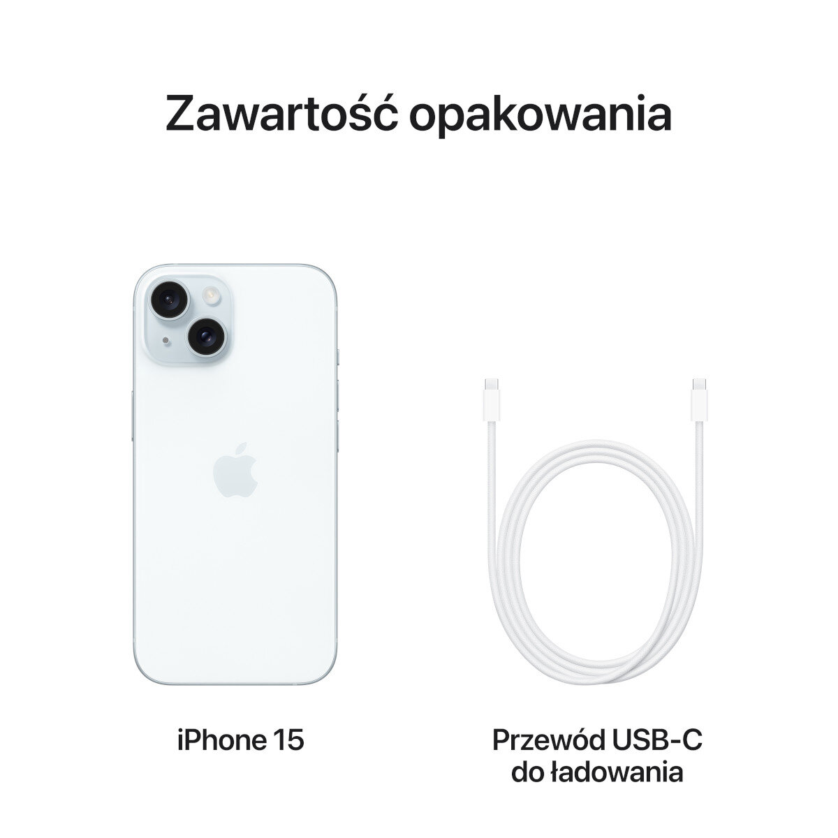 Ein iPhone 15 und ein weißes USB-C-Ladekabel liegen auf einem weißen Hintergrund.