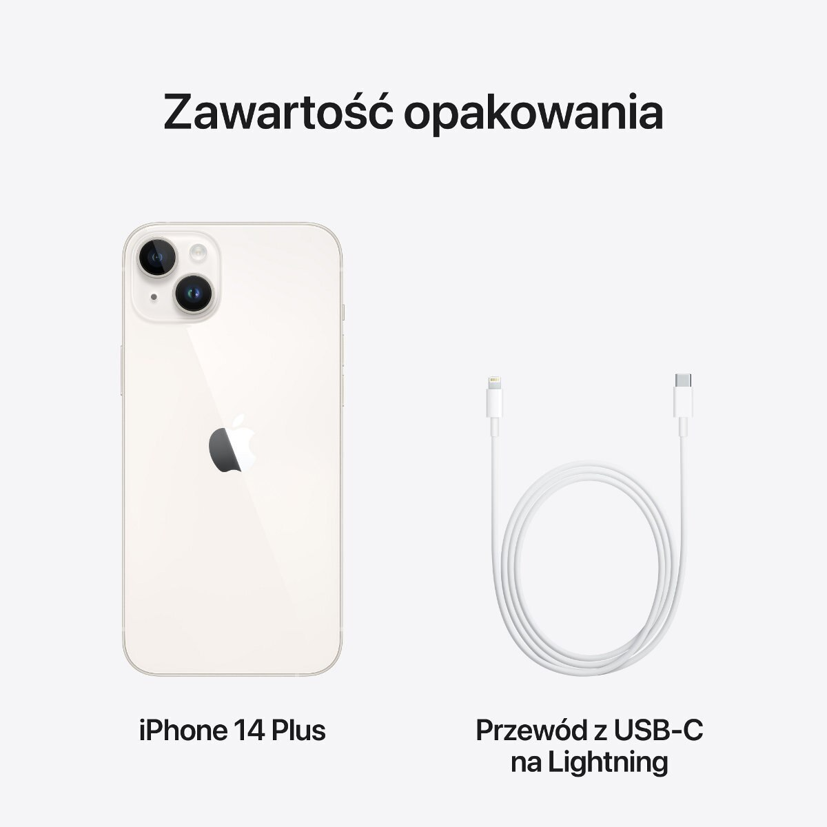 Biały iPhone 14 Plus i kabel USB-C do Lightning. Tekst: iPhone 14 Plus, Przewód z USB-C na Lightning, Zawartość opakowania.