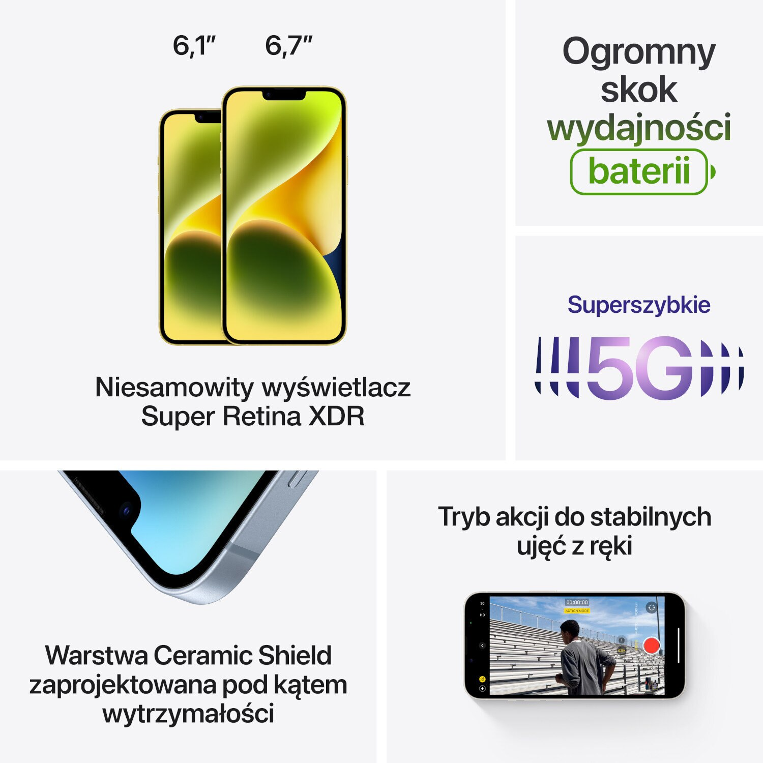 Dwa iPhone'y z żółtym ekranem i logo 5G, funkcje takie jak czas pracy baterii i Ceramic Shield.