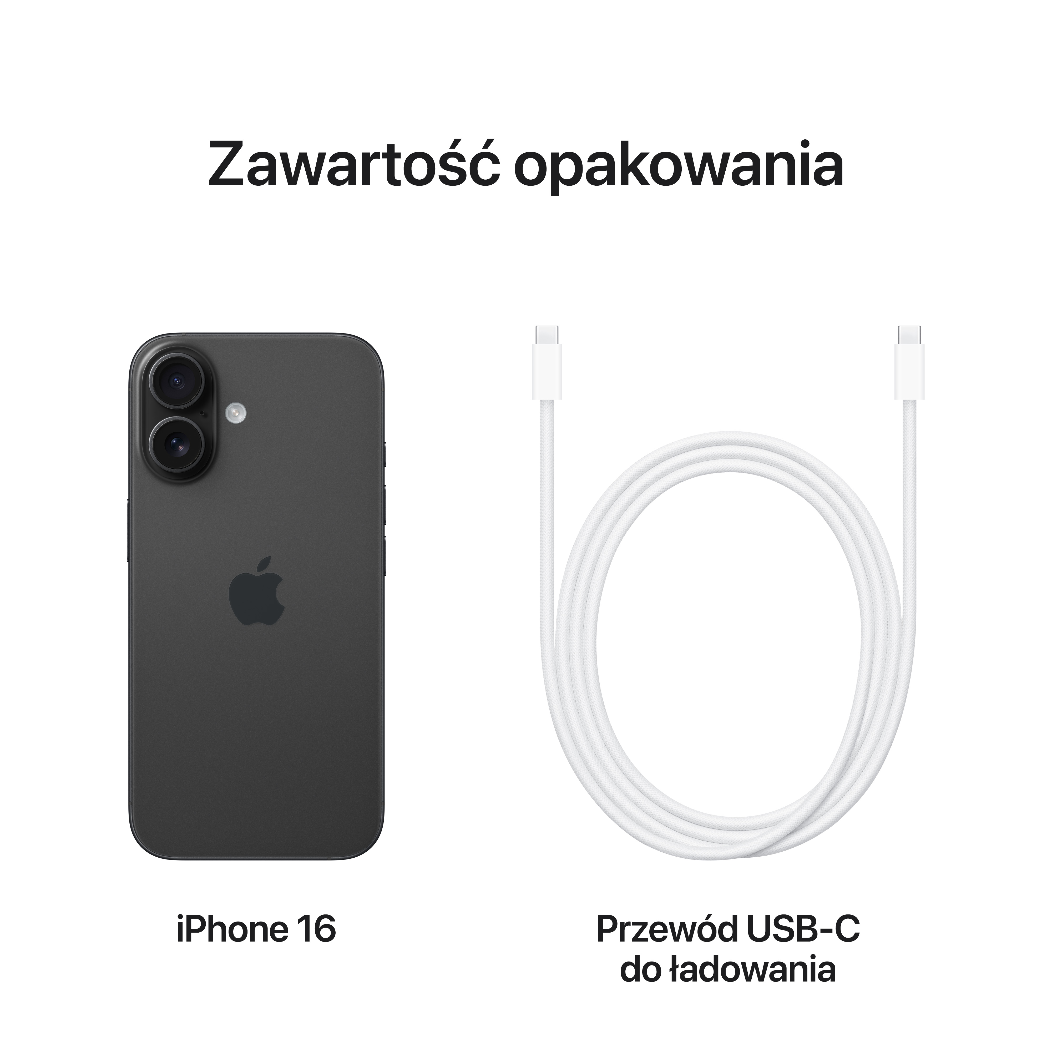 Czarny iPhone 16 i kabel USB-C. Tekst: iPhone 16, Przewód USB-C do ładowania, Zawartość opakowania.