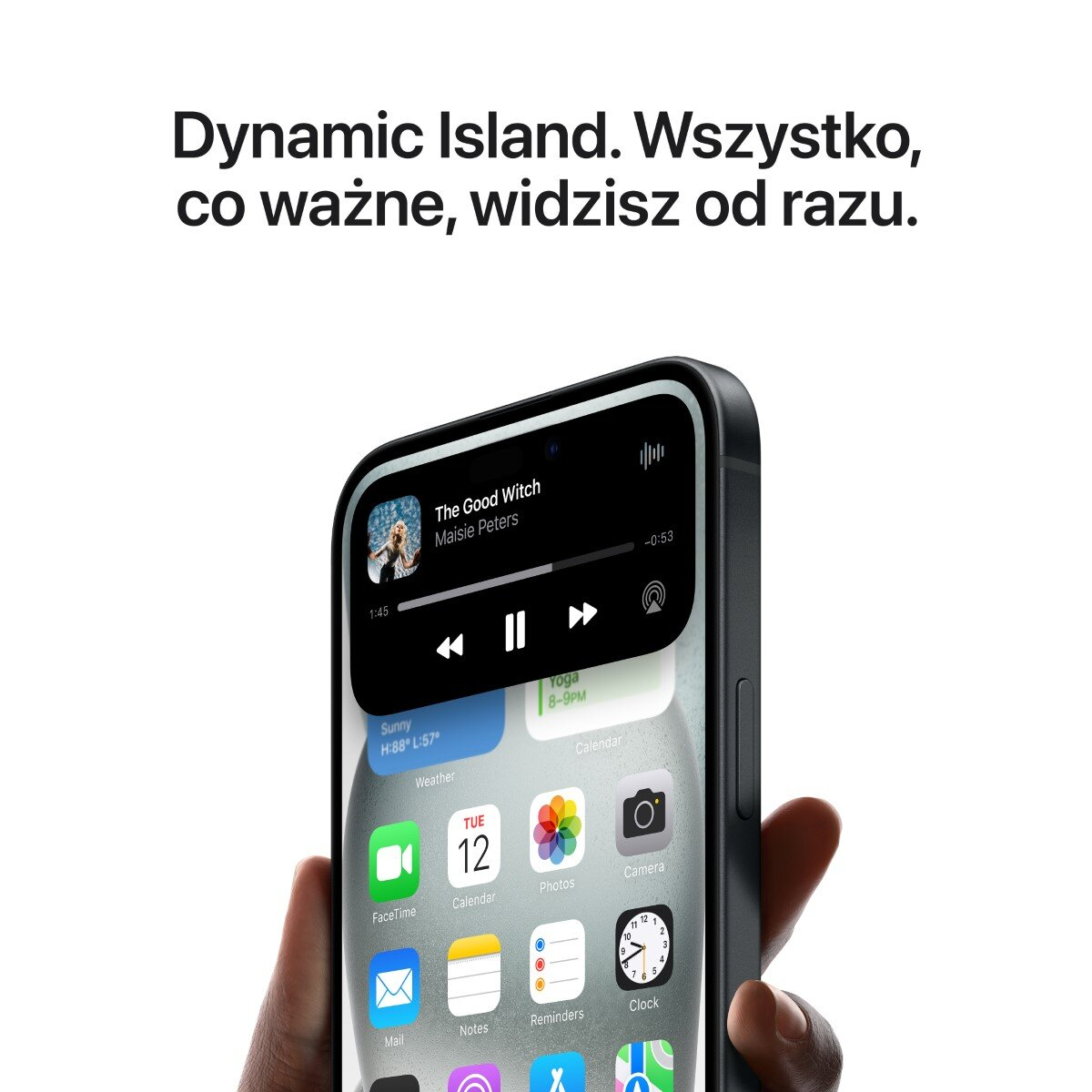Zbliżenie ekranu iPhone'a z ikonami aplikacji. Tekst: Dynamic Island. Wszystko, co ważne, widzisz od razu.