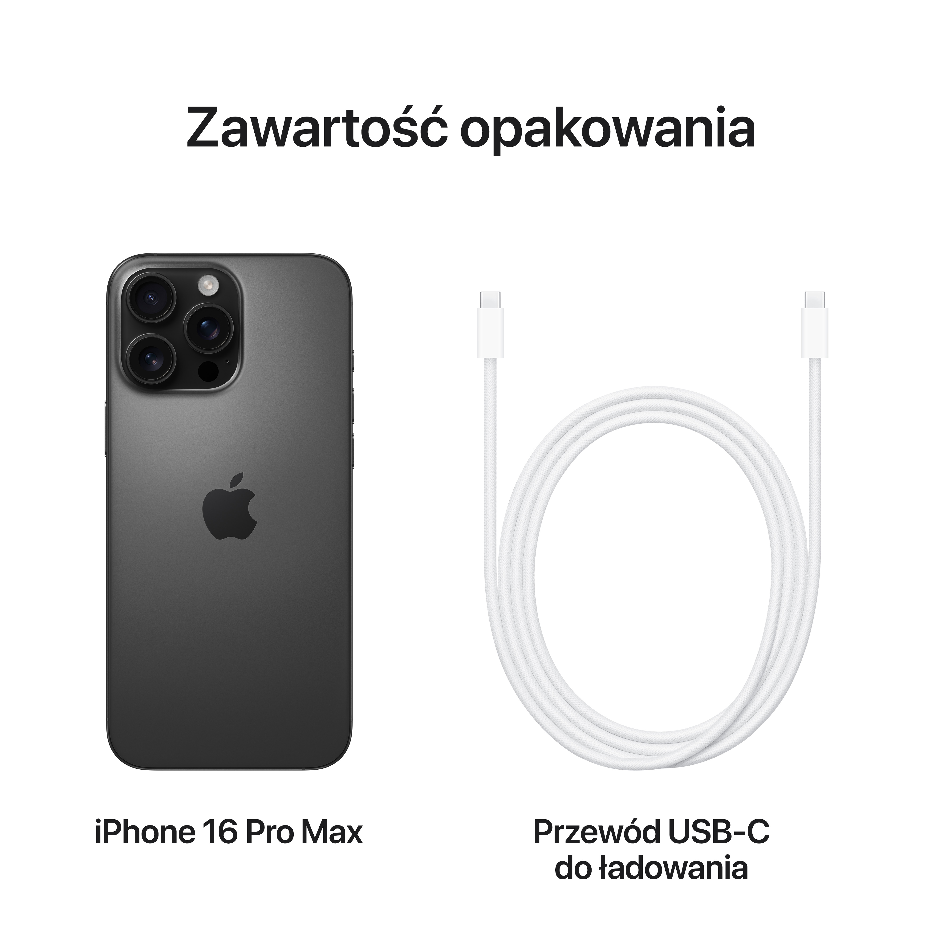 Ciemnoszary iPhone 16 Pro Max i kabel ładujący USB-C na białym tle.