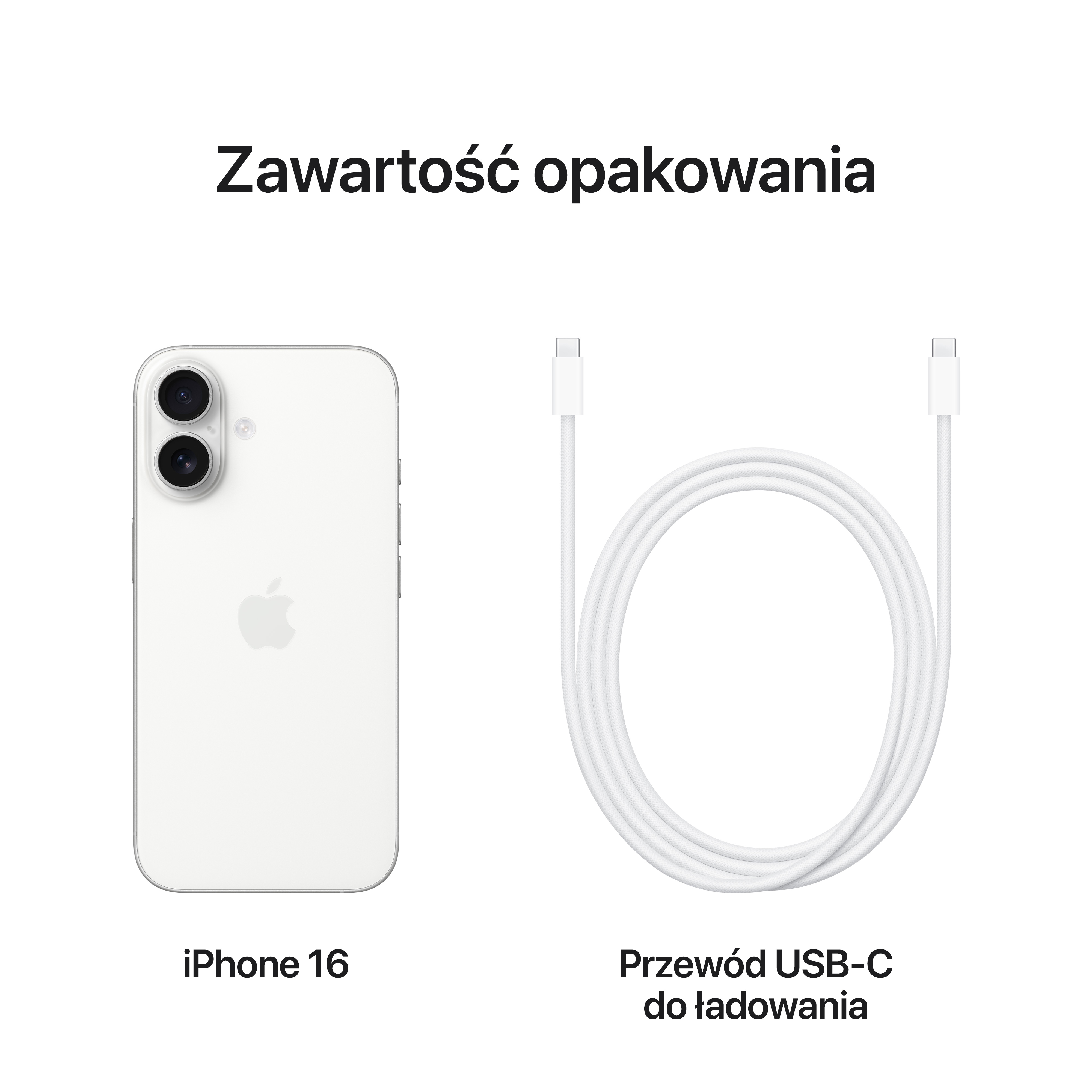 Weißes iPhone 16 und ein USB-C-Ladekabel werden auf weißem Hintergrund gezeigt.