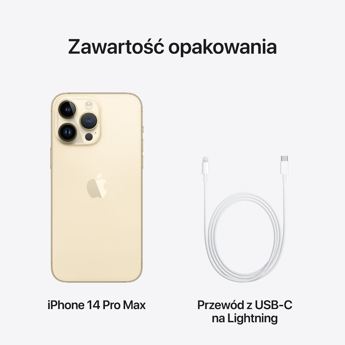 iPhone 14 Pro Max i biały kabel USB-C do Lightning na białym tle.