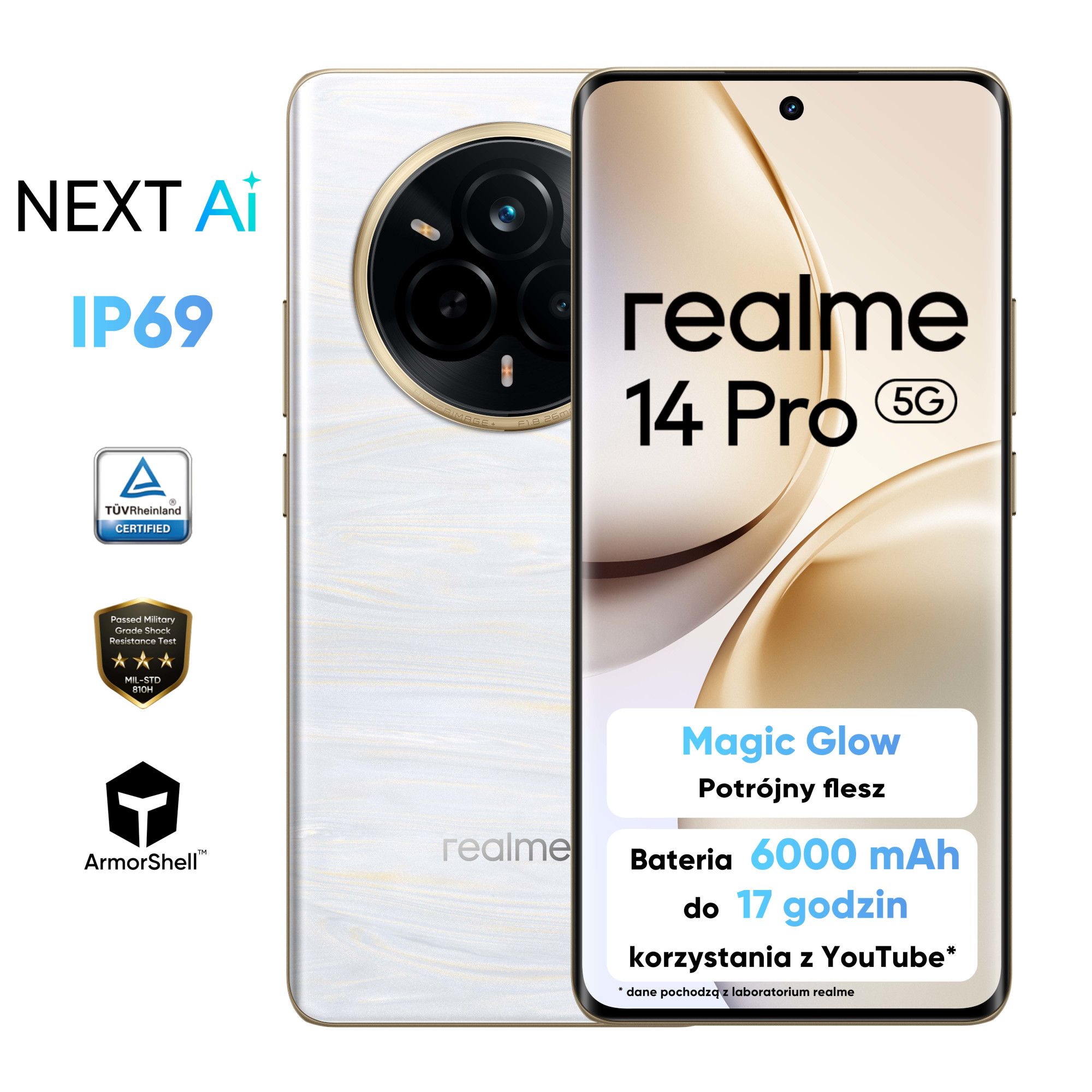 Telefon Realme 14 Pro, biały tył i specyfikacje. Zawiera NEXT Ai, IP69 i ArmorShell. Białe tło.