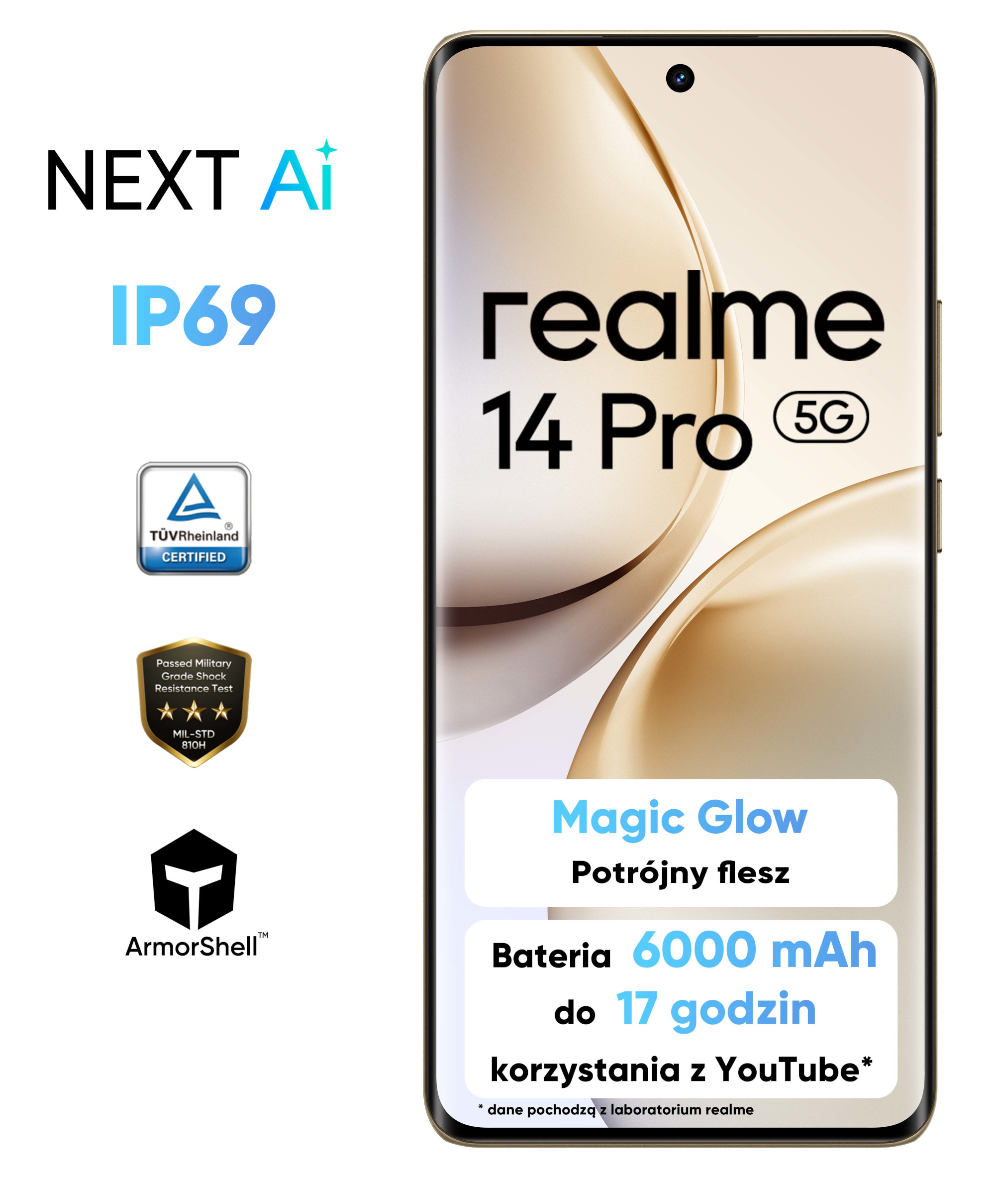 Telefon Realme 14 Pro z białym tłem. Wyposażony w NEXT Ai, IP69 i ArmorShell. Pokazuje żywotność baterii.