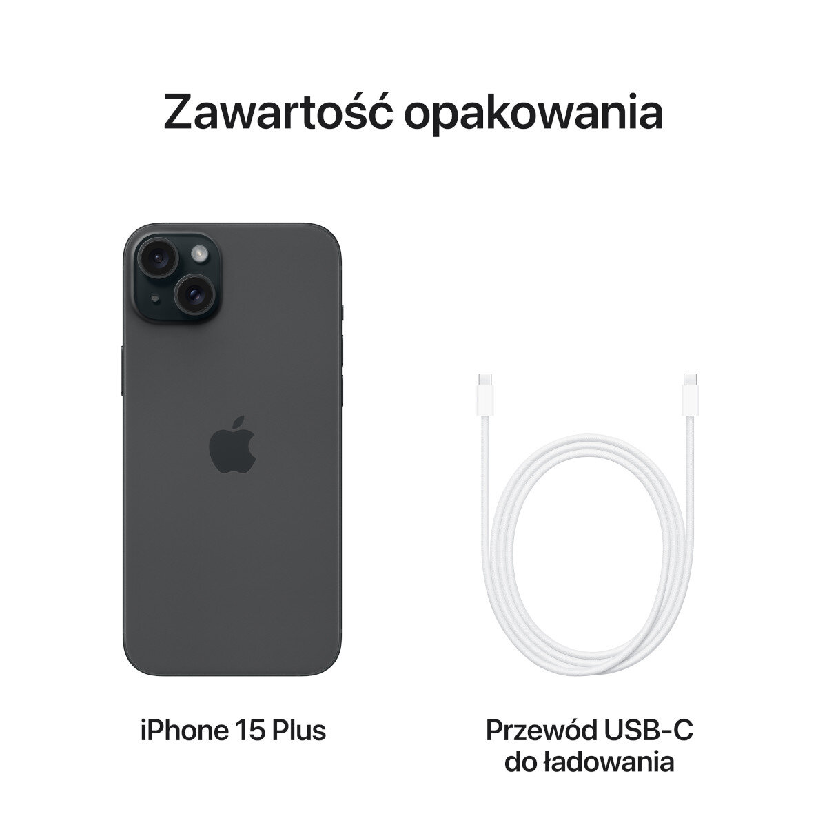 iPhone 15 Plus i kabel ładujący USB-C na białym tle. Telefon jest czarny.