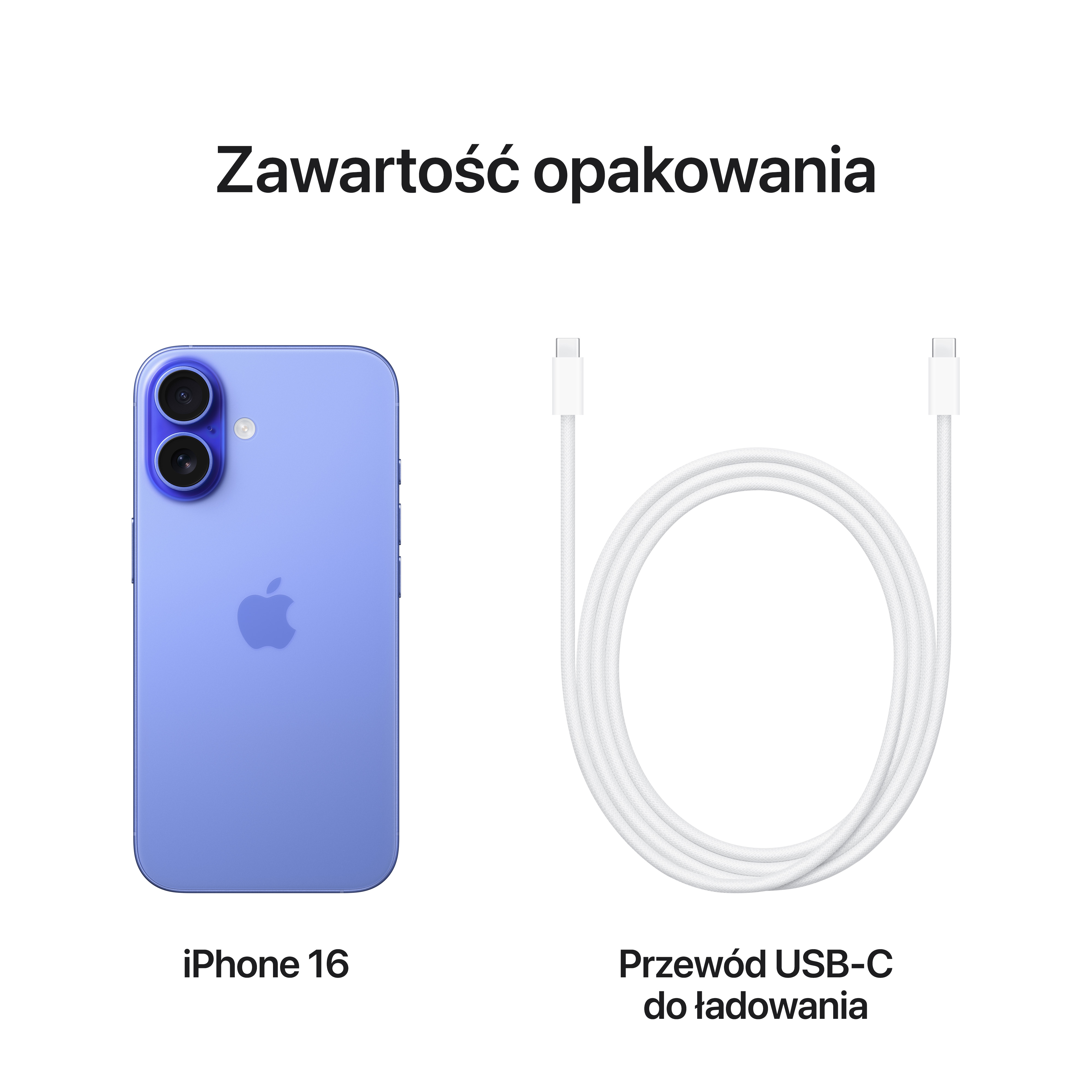 Niebieski iPhone 16 i biały kabel do ładowania USB-C na białej powierzchni. Tekst: 'Zawartość opakowania'.
