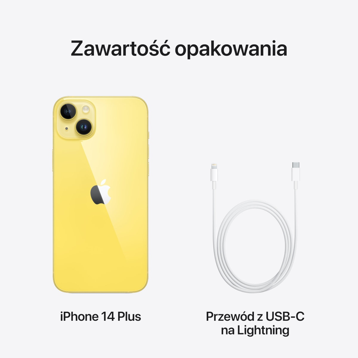 Żółty iPhone i biały kabel USB-C do Lightning na białej powierzchni z tekstem 'Zawartość opakowania' u góry.