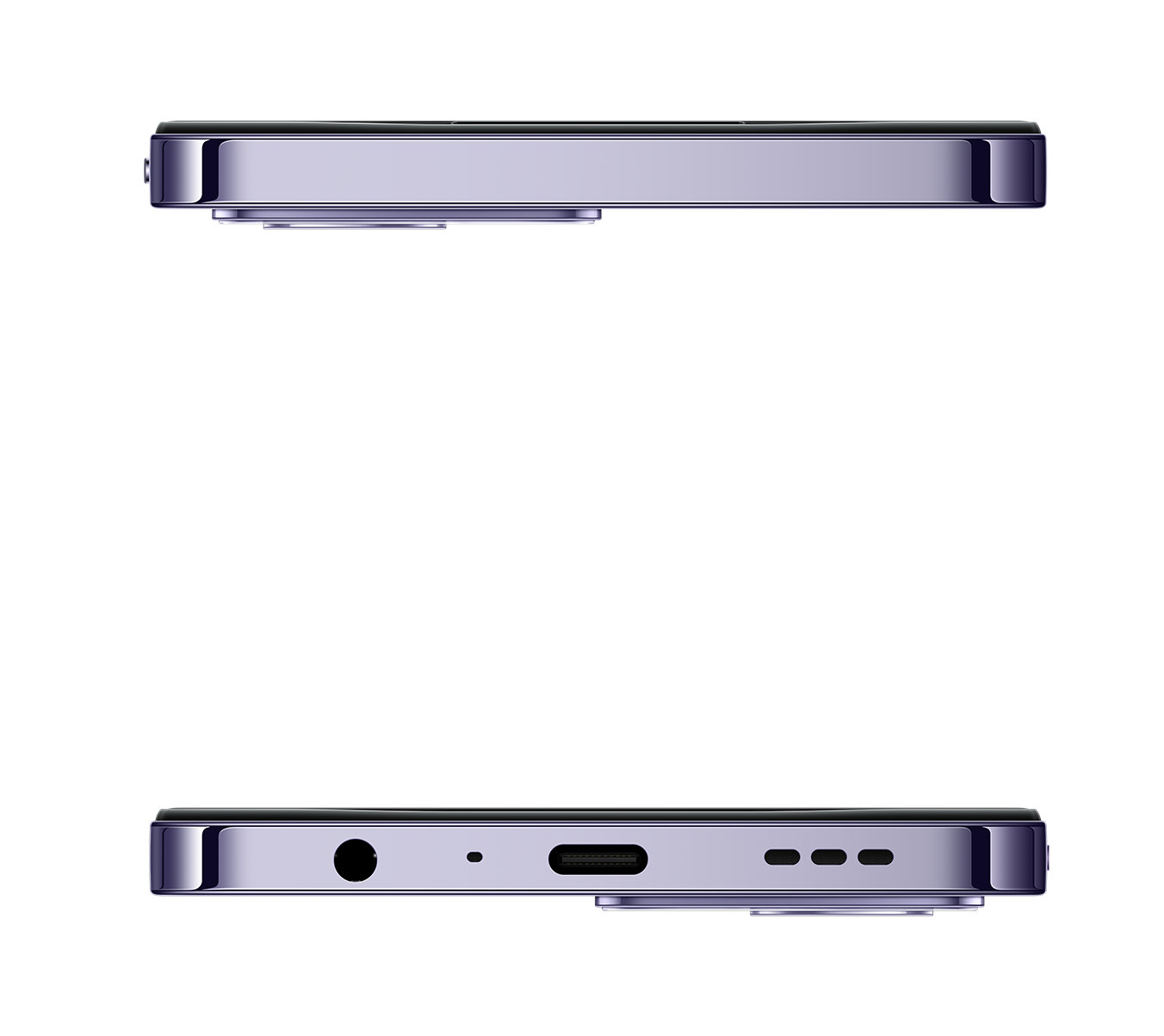 Dwa widoki fioletowego telefonu. Jeden pokazuje górną krawędź, drugi dolną krawędź z portami i głośnikami.