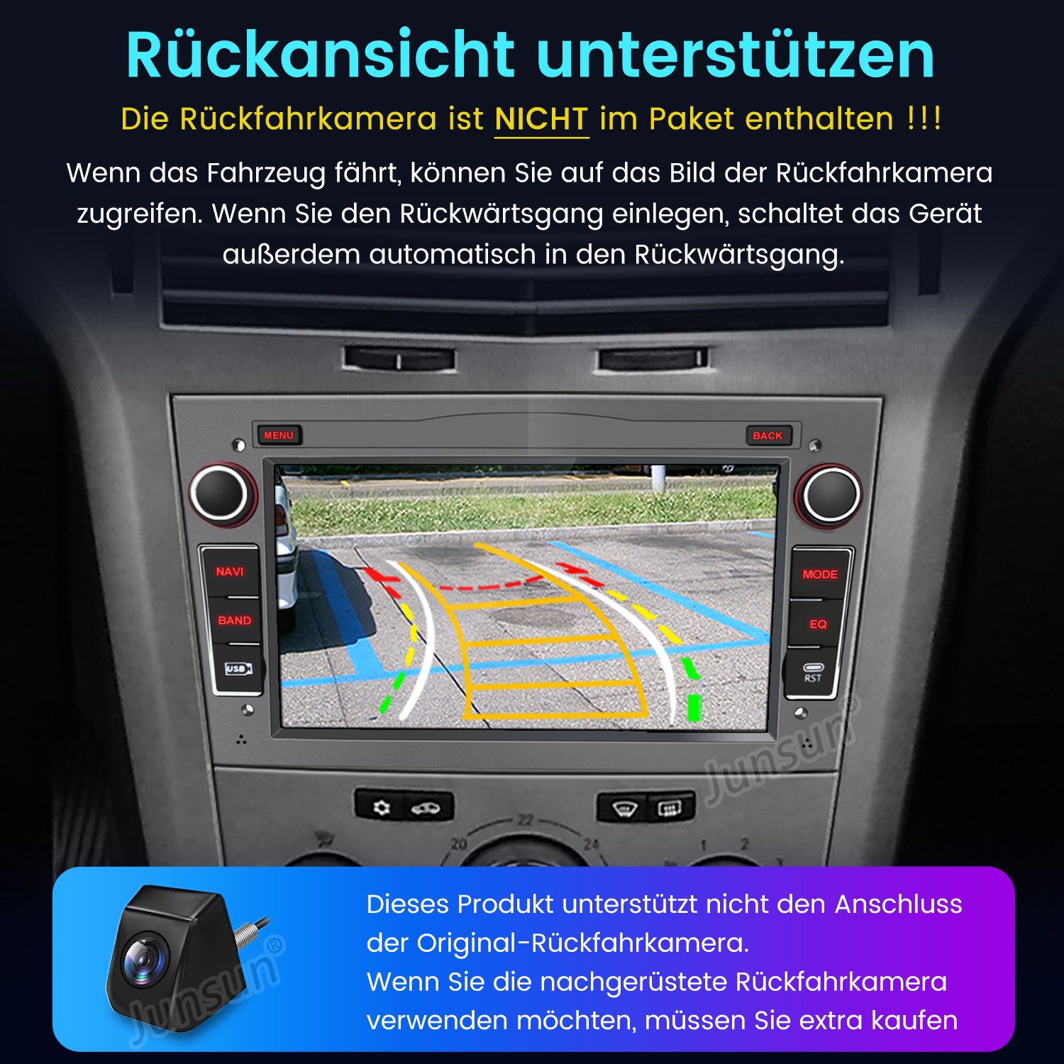 Bildschirm des Auto-Multimedia-Systems, zeigt Rückfahrkamera mit deutschem Text.