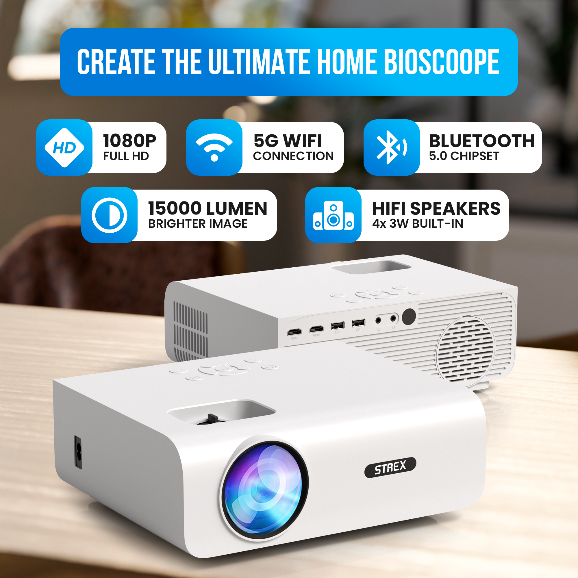 Deux projecteurs blancs sur une table. Le texte met en évidence 1080p, 5G WiFi, Bluetooth et haut-parleurs HiFi.