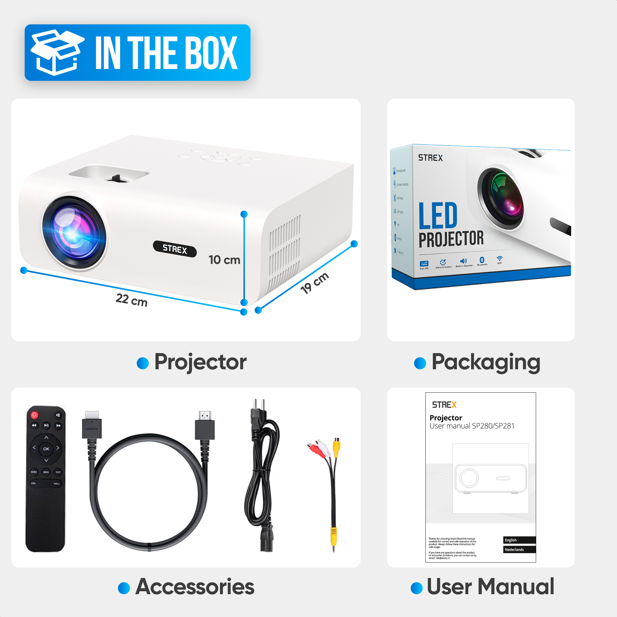 Boîte avec projecteur, accessoires et manuel d'utilisation. Les éléments sont étiquetés.