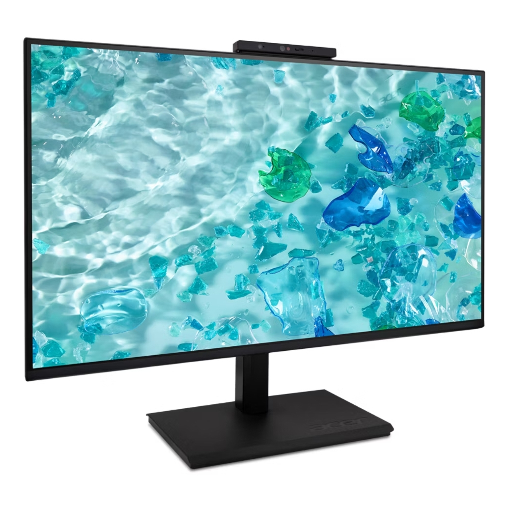 Zwarte monitor met zwarte standaard, met webcam bovenaan, toont een water scène.