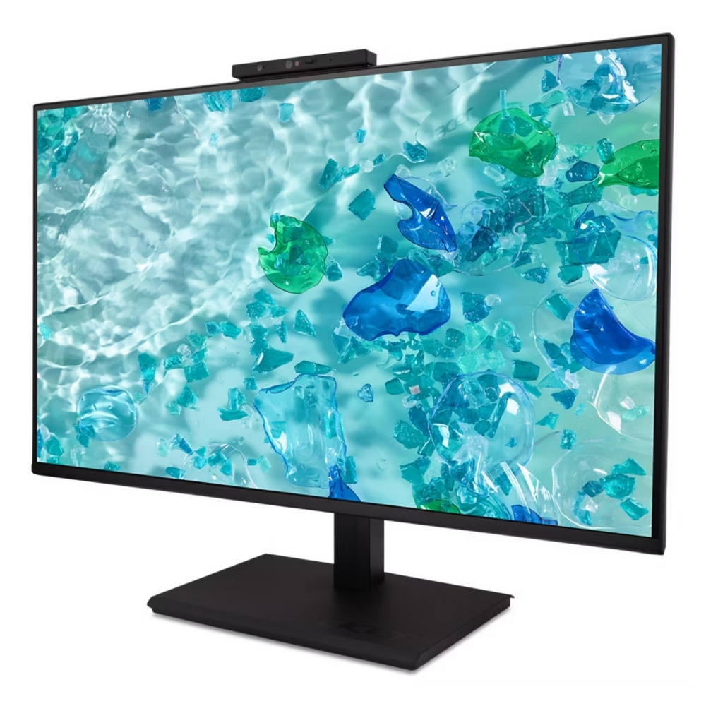 Een zwarte monitor met een lichtblauwe water scène met plastic vormen op het scherm.