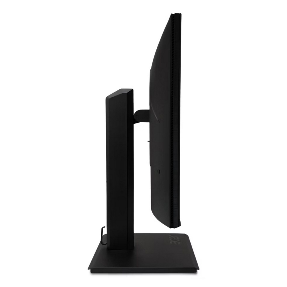 Zijaanzicht van een zwarte monitor met een rechthoekige voet en standaard.