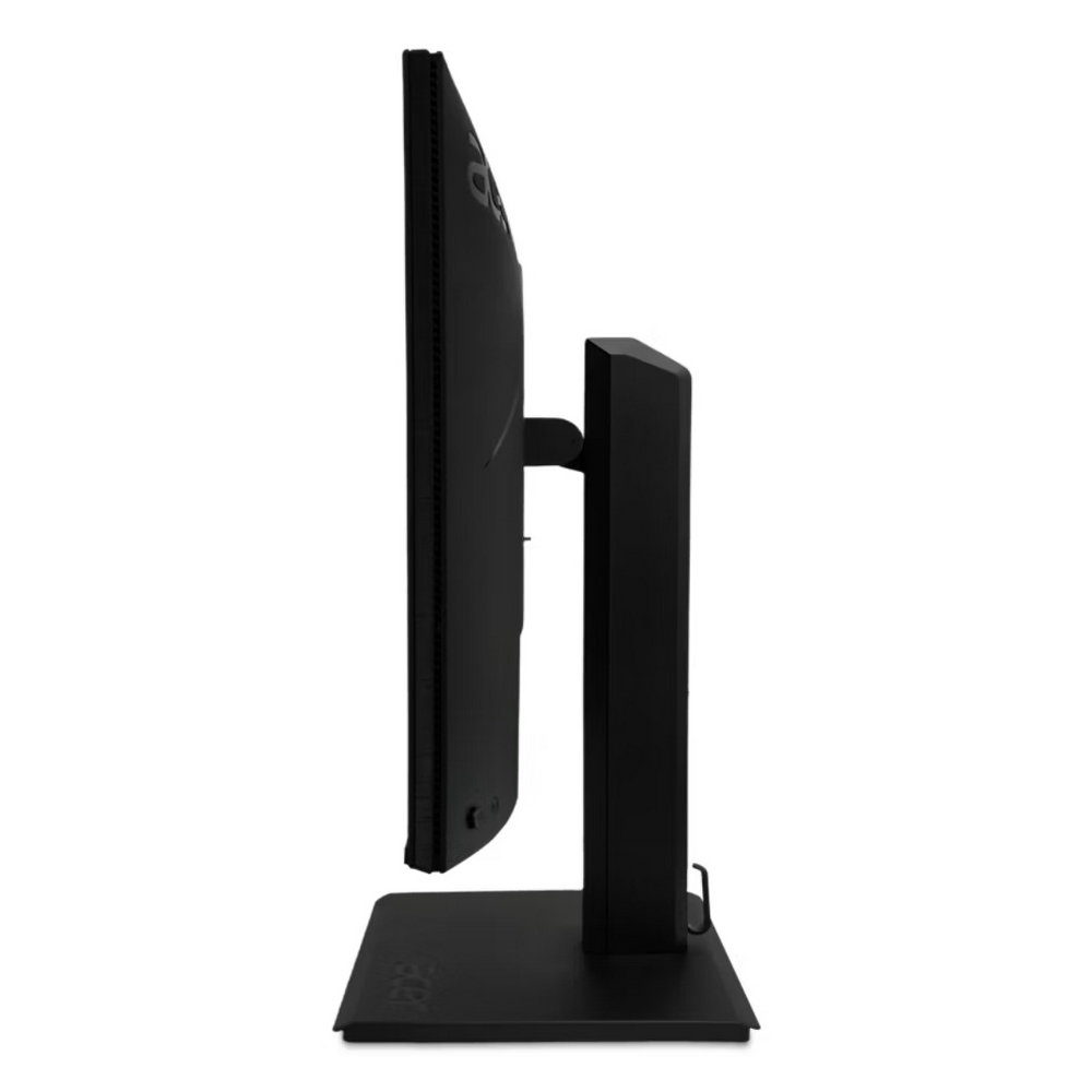 Zijaanzicht van een zwarte monitor met een standaard.