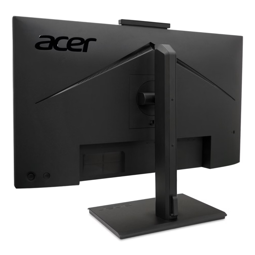 Achteraanzicht van een zwarte monitor met het Acer-logo, standaard en poorten.