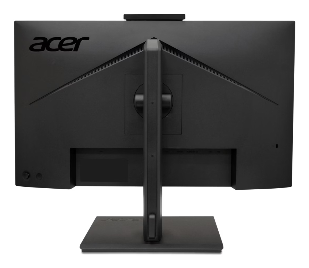 Achteraanzicht van een zwarte monitor met het Acer-logo en standaard.