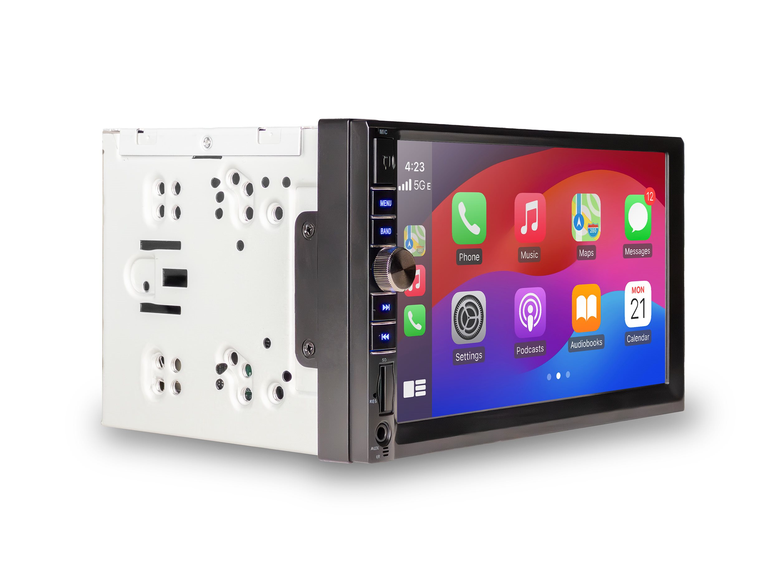 Car stereo with a digital touchscreen. Shows app icons and a dial for volume control, with a silver finish.