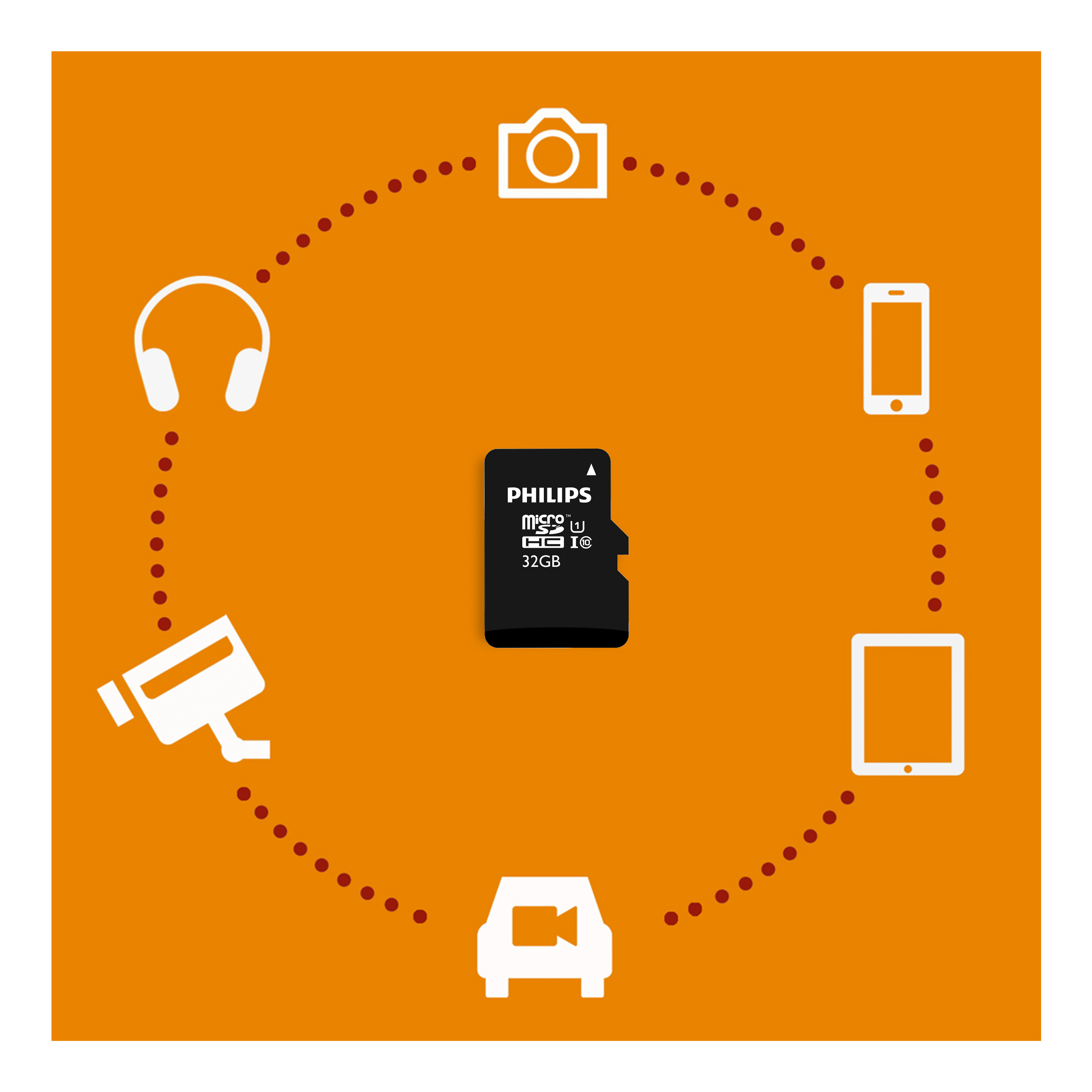 Ein orangefarbener Hintergrund mit weißen Gadget-Symbolen und einer Philips Micro-SD-Karte.