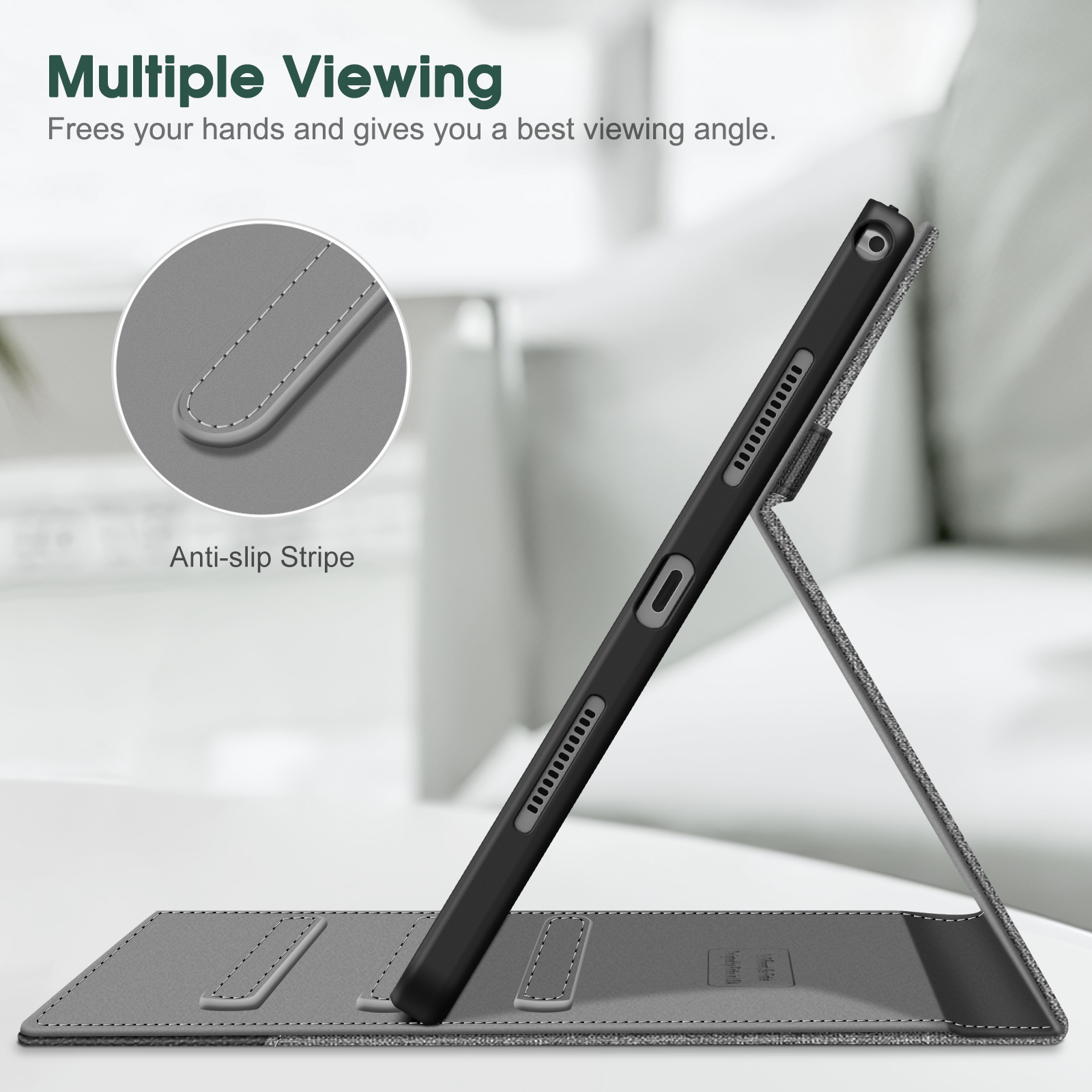 Tablet in einem grauen Gehäuse, zum Betrachten aufgestellt. Das Gehäuse hat einen grauen Anti-Rutsch-Streifen.