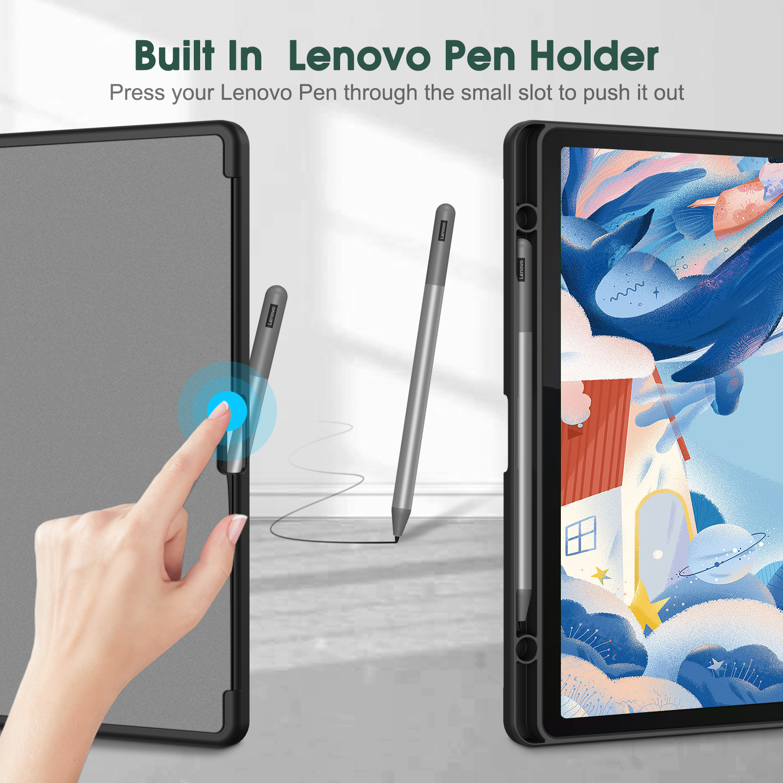Eine Hand berührt ein Tablet und zwei Stifte in der Nähe. Ein Stift ist im Gehäuse.