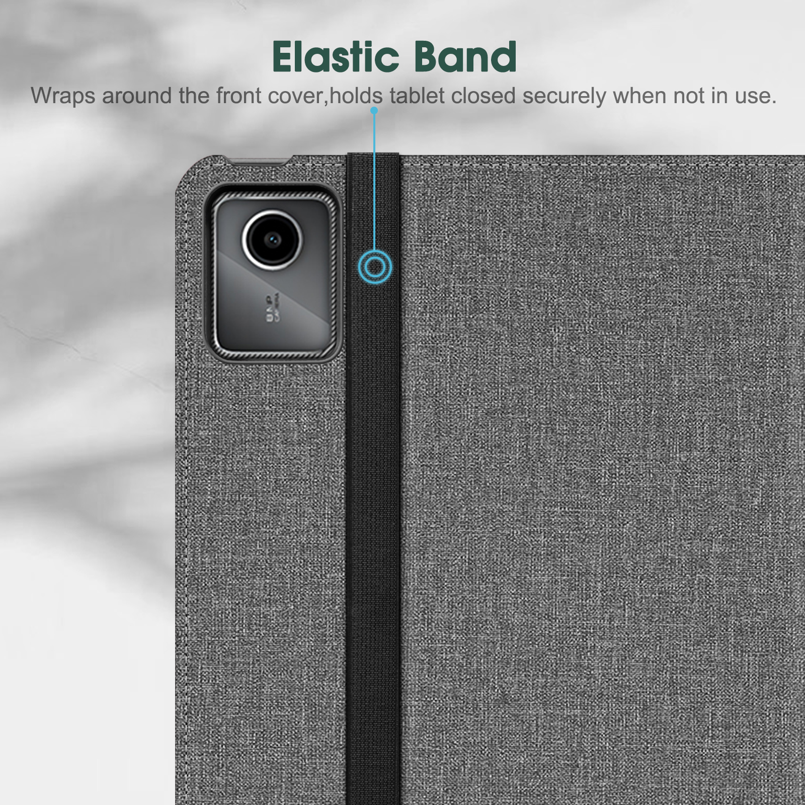 Eine Tablethülle mit einem elastischen Band, das sie geschlossen hält. Das Band ist schwarz.