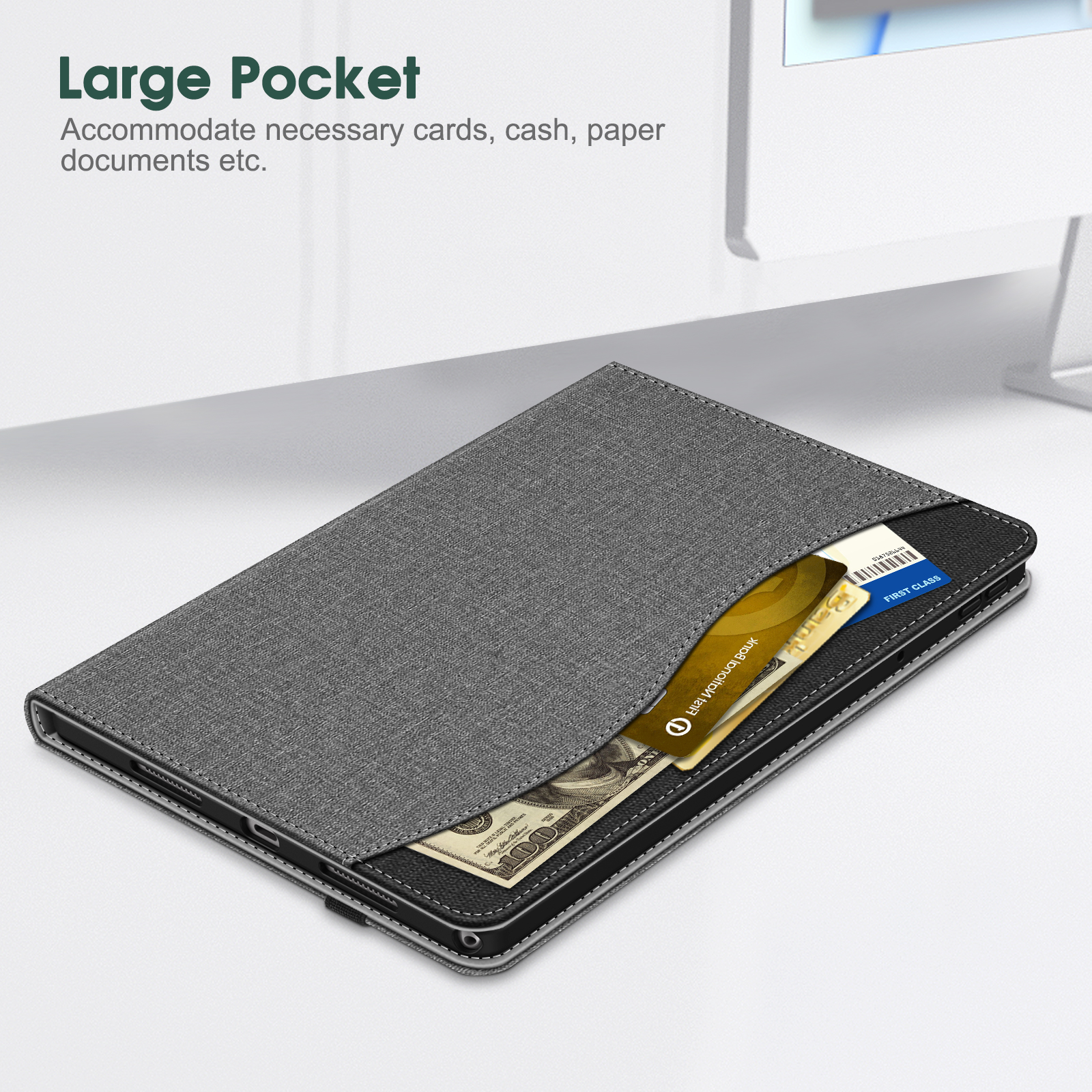 Tablethülle mit einer Tasche, die eine Kreditkarte und einen Dollarschein enthält, auf einem Schreibtisch.