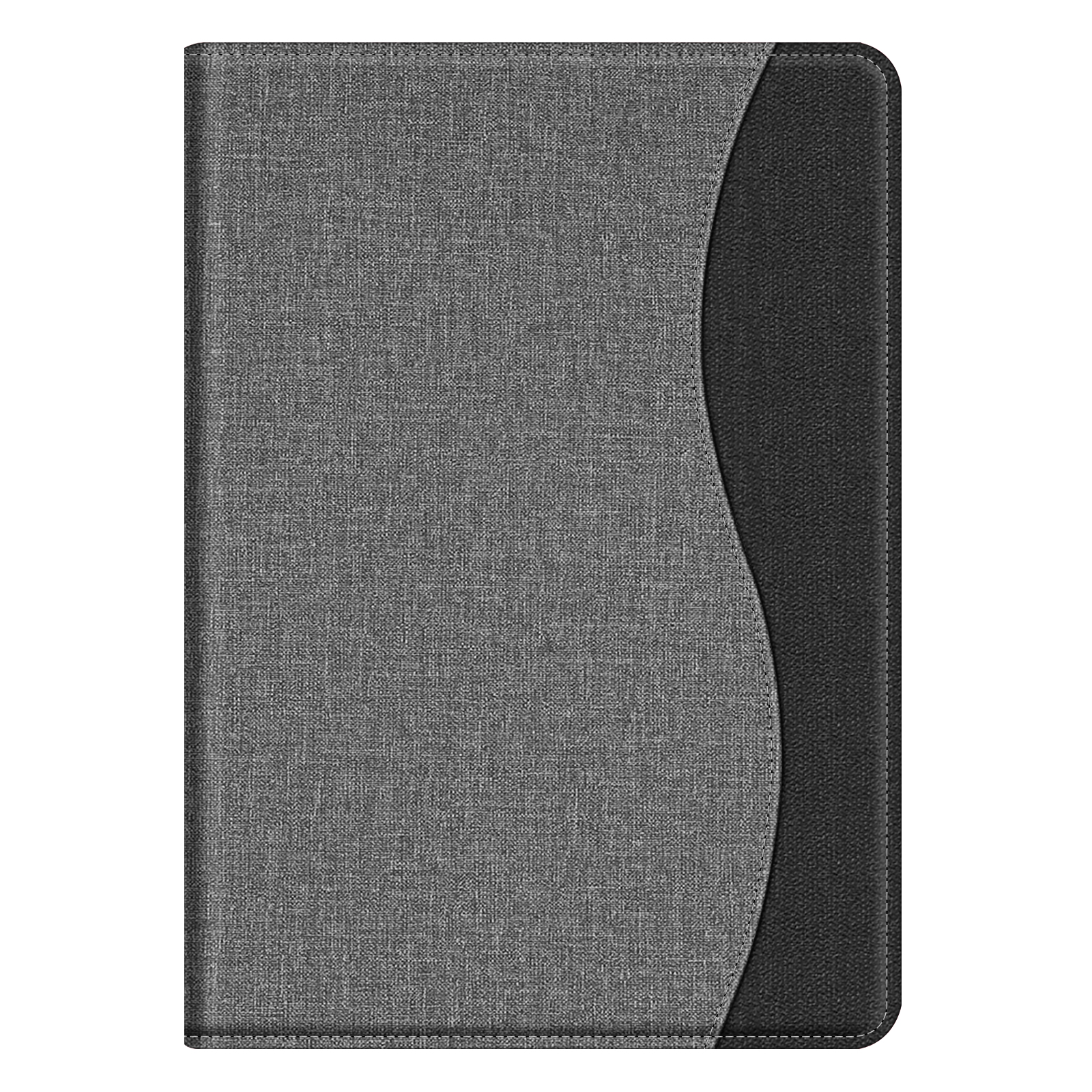 Eine Tablethülle in Grau und Schwarz. Die Hülle ist geschlossen.