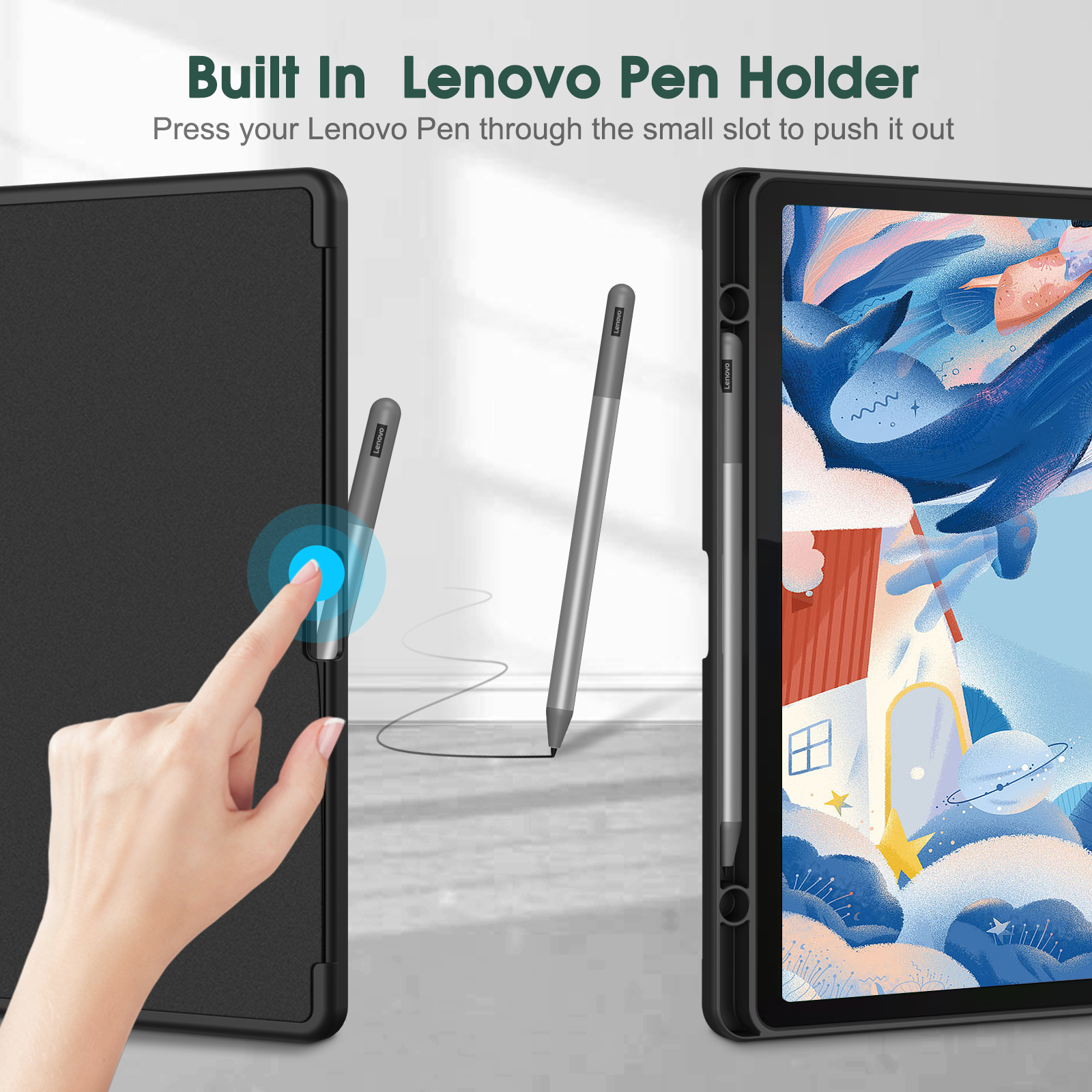 Tablet mit Stift. Eine Hand berührt den Bildschirm. Weißer Hintergrund.