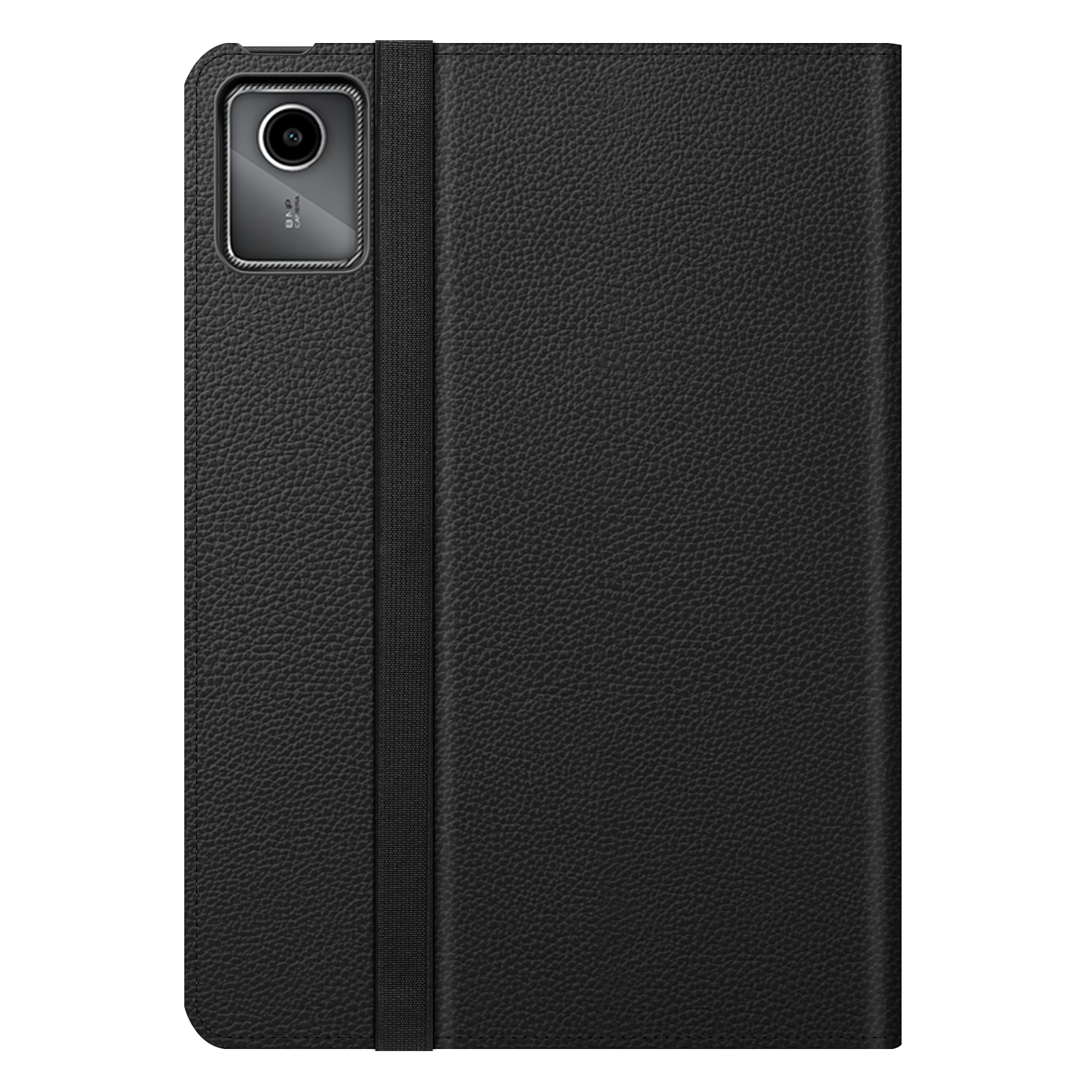 Schwarze Tablethülle mit Gummiband. Kamera links. Weißer Hintergrund.