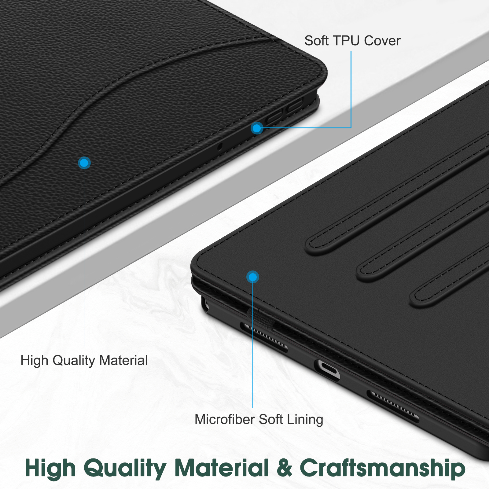 Schwarze Handyhülle mit Etiketten: weiche TPU-Abdeckung, hochwertiges Material und weiches Mikrofaserfutter.