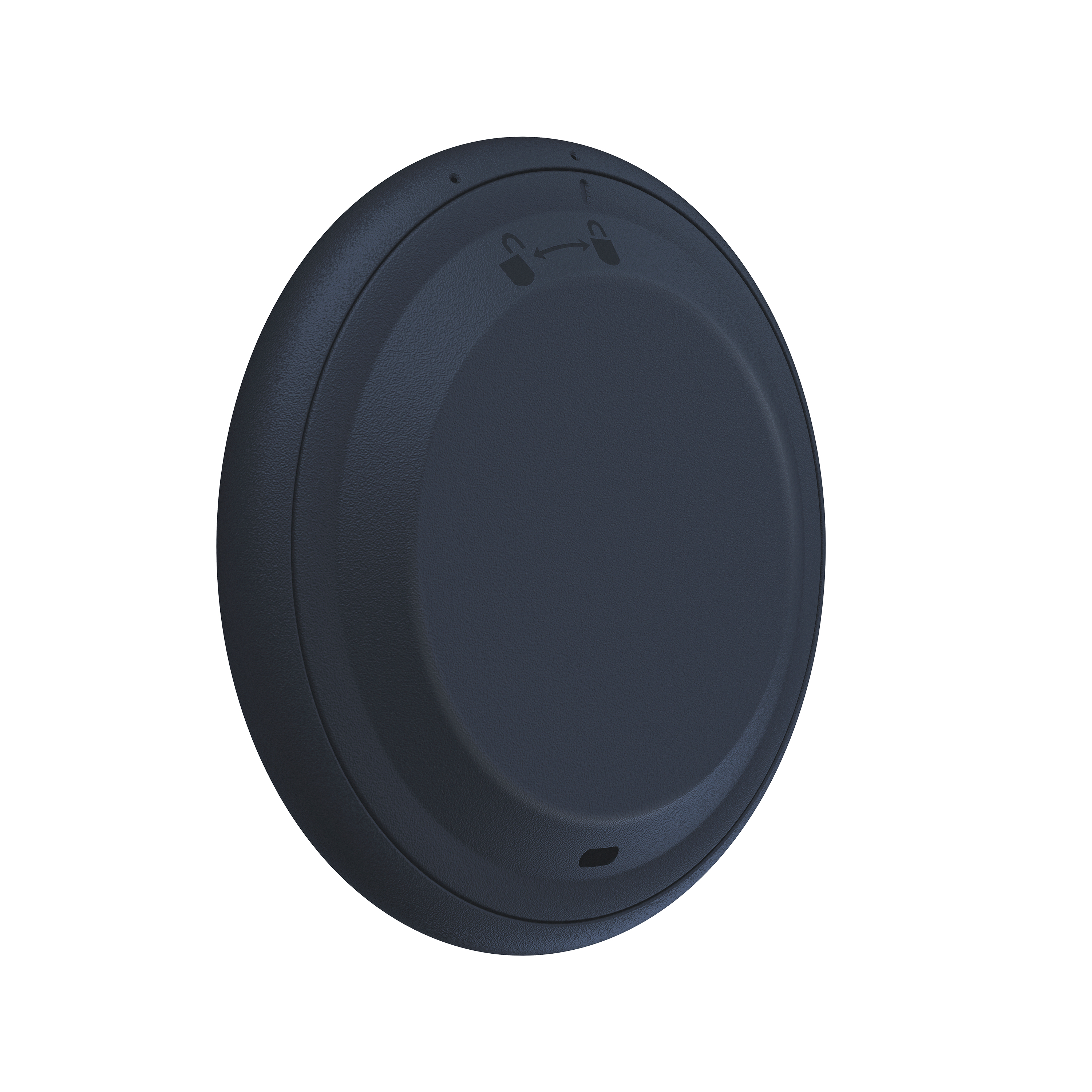 Ciemnoniebieskie, okrągłe urządzenie, prawdopodobnie czujnik, z teksturowaną powierzchnią i dwoma ikonami zamków.