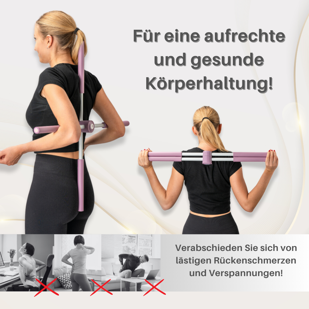 Zwei Bilder einer Frau, die ein Haltungskorrekturgerät verwendet, mit Text über Haltung und Schmerzen.