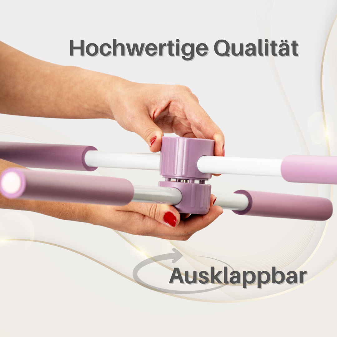 Hände, die ein Trainingsgerät zusammenbauen. Deutscher Text: 'Hochwertige Qualität' und 'Ausklappbar'.