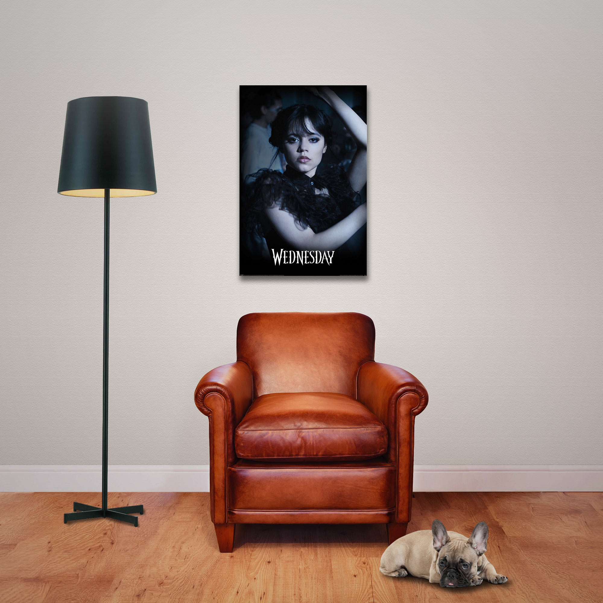 Zimmer mit einem Wednesday-Poster, einem Sessel, einer Stehlampe und einem Hund.