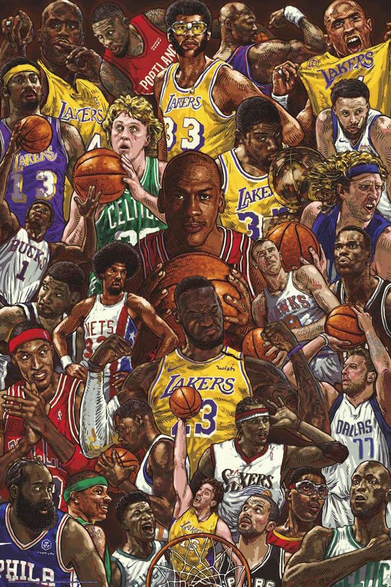 Basketballspieler-Collage mit Michael Jordan und vielen anderen berühmten Spielern.