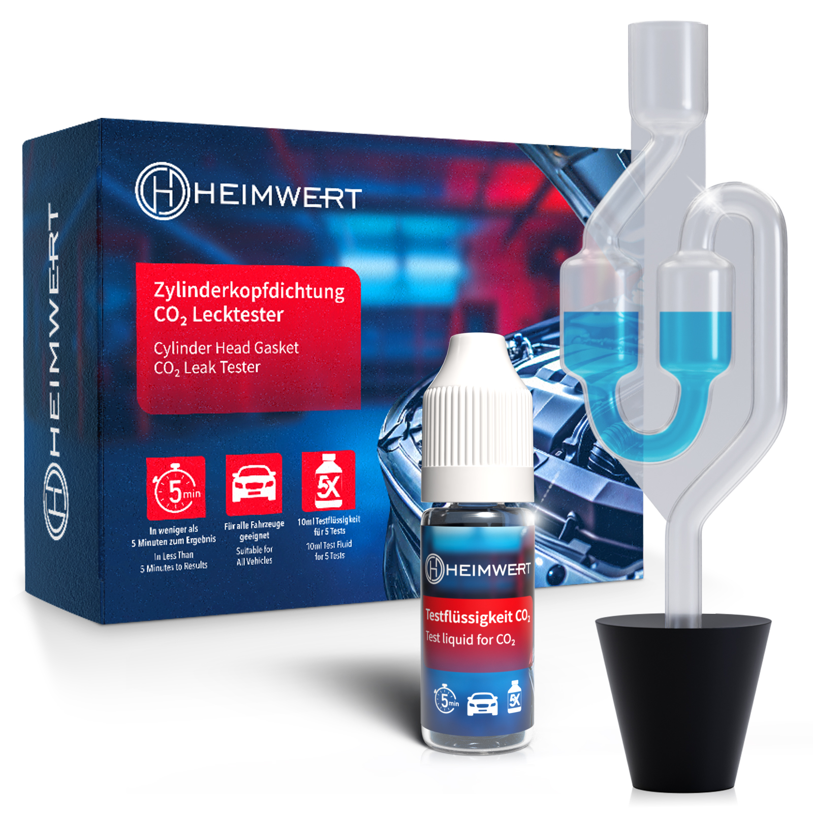 CO2-Zylinderkopfdichtungs-Lecktester-Kit mit blauer Flüssigkeit in transparenten Röhrchen.